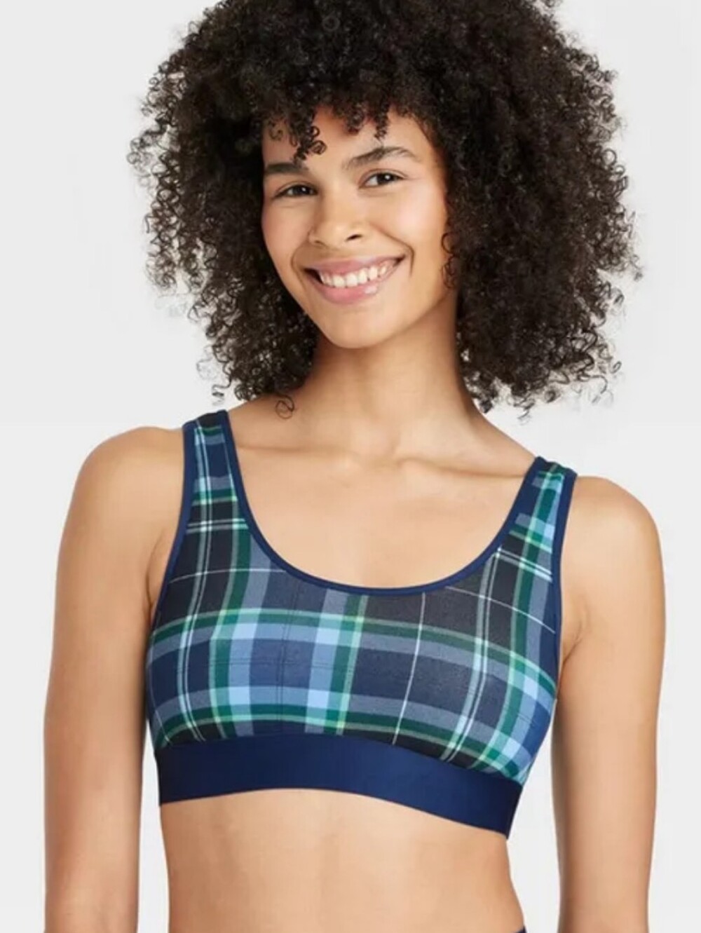 Auden Women's Cotton Stretch Unlined Scoop Bralette, XS - Green & Blue Plaid